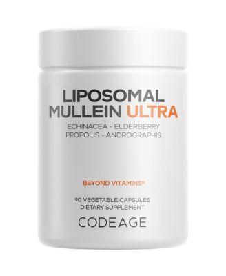Добавка Codeage Liposomal Mullein Ultra - Экстракт коровяка в соотношении 10:1, ягоды бузины, пчелиный прополис, эхинацея, Корень имбиря, Кудзу, Витамины, 90 капсул белого цвета