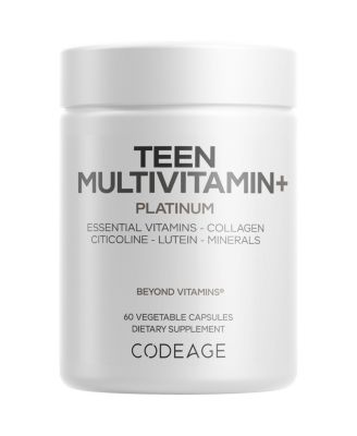 Мультивитаминная добавка Codeage Teen Multivitamin+ Platinum - Витамины А, С, D3, Е, К2, В6, В12, Минералы, Пробиотики, Коллаген, Костный бульон, Фолиевая кислота, 60 капсул белого цвета