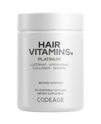 Витамины для волос Codeage Hair Vitamins Platinum - Lustriva для поддержки роста волос, Биотин, кератин, Коллаген, Ферменты, Омега-3, мультивитамины, пробиотики, 90 капсул белого цвета