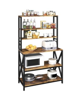 6-ярусный винный стеллаж Yaheetech 64.5"H из металла и ДСП, 10 крючков, розетки, Регулируемые ножки, Стойка для выпечки в деревенском стиле