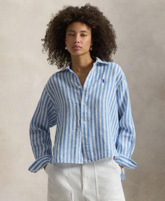 Женская укороченная льняная рубашка Polo Ralph Lauren в полоску синего цвета