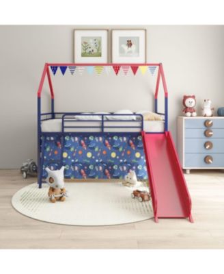 Металлическая двуспальная кровать-чердак Streamdale Furniture Jack с горкой и занавеской - Темно-синий/Красный