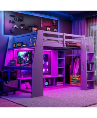 Мебель Streamdale Деревянная игровая кровать-чердак Streamdale с письменным столом, полками, светодиодной подсветкой, Стеллаж, Черный