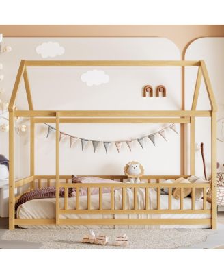 Двухспальная деревянная кровать Streamdale Furniture с каркасом крыши дома, ограждениями для забора