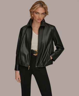 Женская кожаная куртка-бомбер Donna Karan New York черного цвета