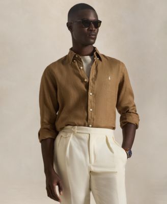 Мужская рубашка Polo Ralph Lauren классического покроя с воротником-стойкой коричневого цвета
