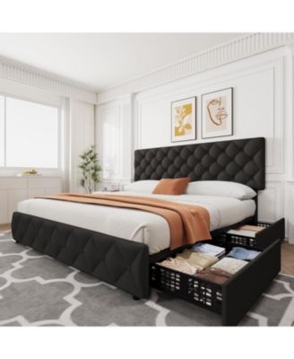 Каркас кровати Gaomon King Size с 4 выдвижными ящиками для хранения вещей, обитый льняной тканью Каркас кровати на платформе с регулируемым изголовьем без цвета