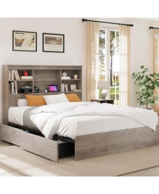 Каркас кровати Gaomon King Size с высоким изголовьем для хранения книг, Деревянный каркас кровати с 4 выдвижными ящиками для хранения, Встроенная зарядная станция, Без пружинного блока