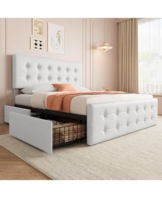 каркас кровати gaomon Queen-size с 4 выдвижными ящиками для хранения вещей, обивка и изголовье из искусственной кожи, деревянная планка белого цвета