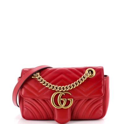 Бывшая в употреблении сумка Gucci Mini GG Marmont с клапаном из натуральной кожи красного цвета