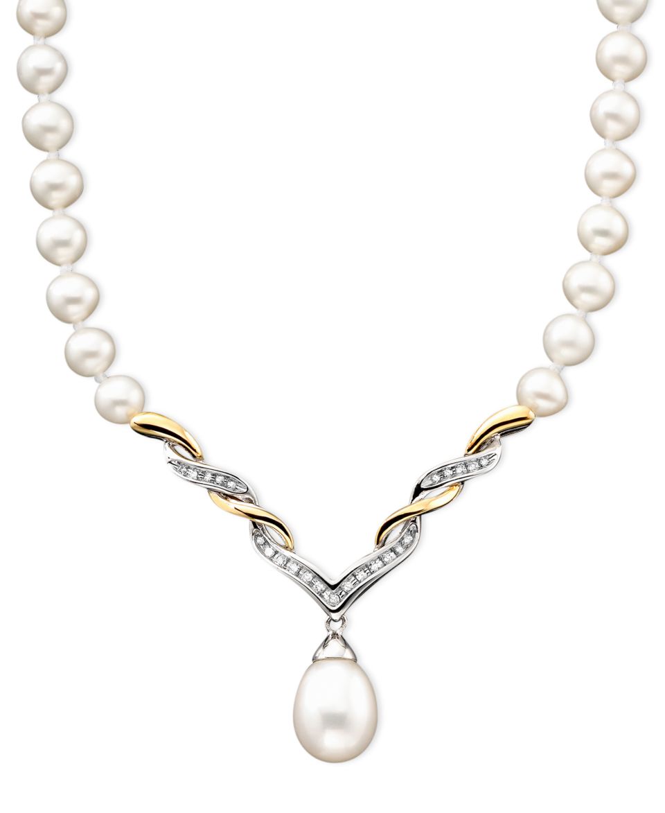 14k Gold Necklace, Cultured Freshwater Pearl and Diamond Bow (1/4 ct. t.w.)   Necklaces   Jewelry & Watches