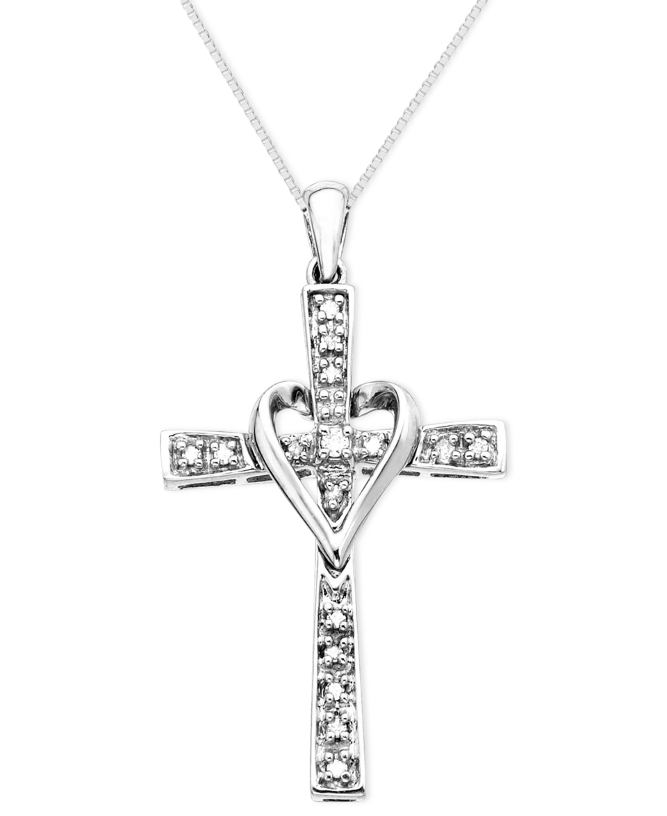 14k White Gold Pendant, Diamond Heart Cross (1/10 ct. t.w.)   Necklaces   Jewelry & Watches
