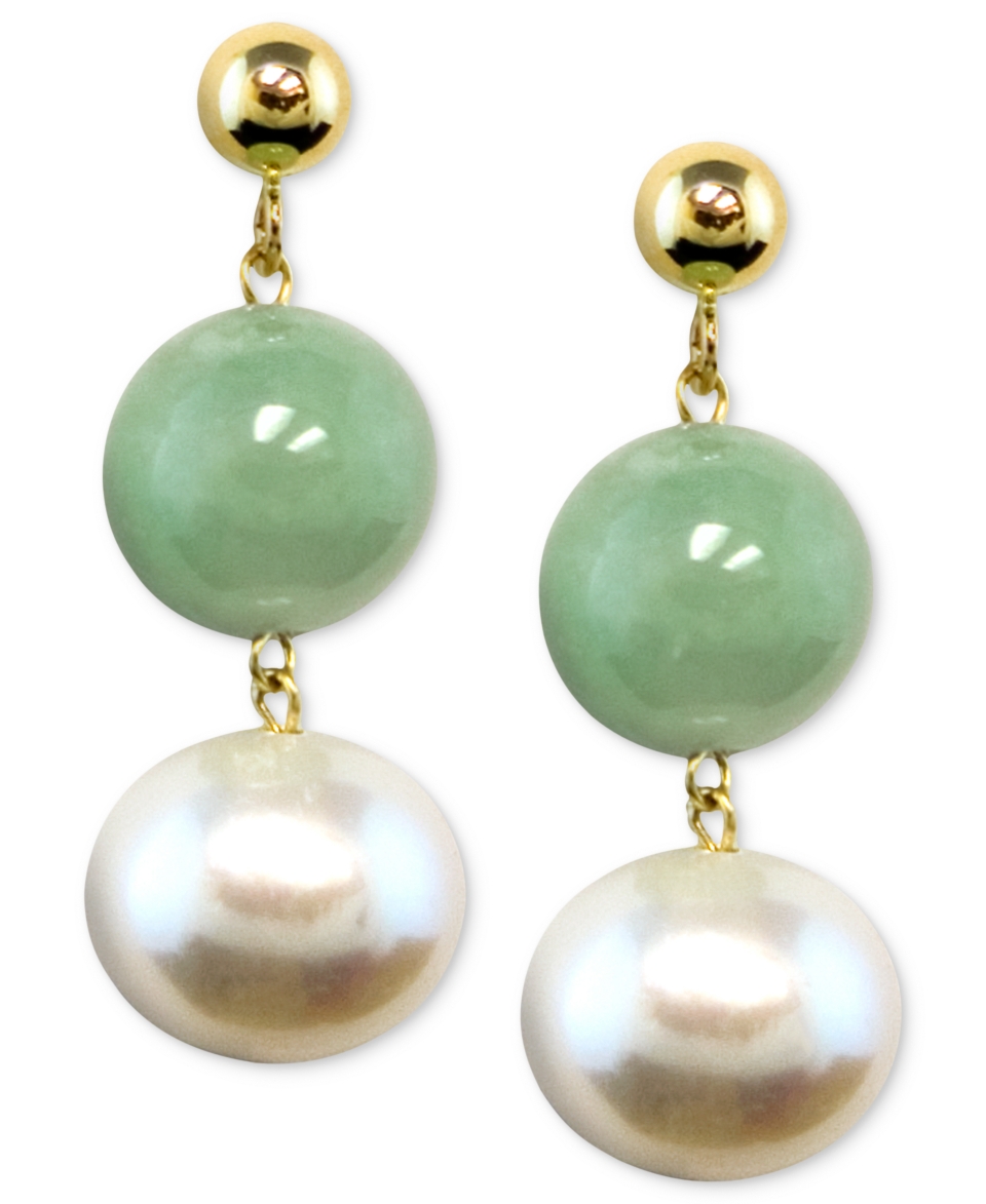 14k Gold Earrings, Cultured Freshwater Pearl and Jade   Jewelry