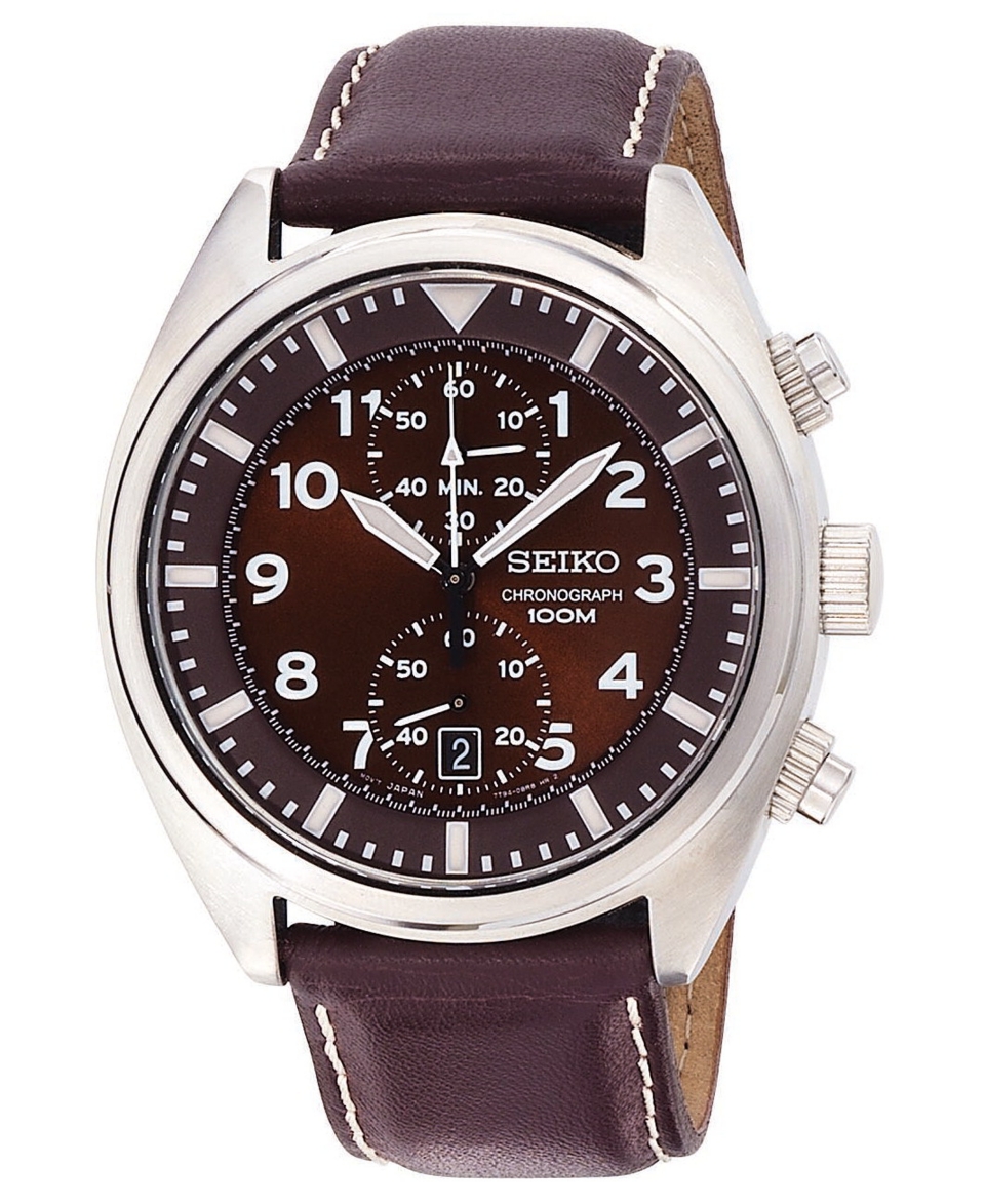 Seiko Watch, Mens Chronograph Brown Leather Strap 43mm SNN241   All