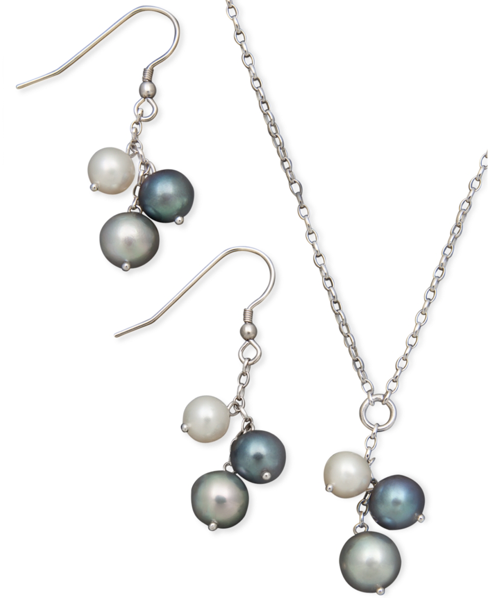 Pearl Earrings and Pendant Set, Sterling Silver Cultured Freshwater