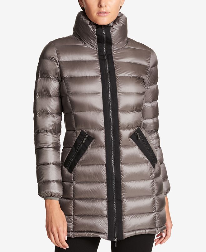 dkny asymmetrical hooded packable down puffer coat