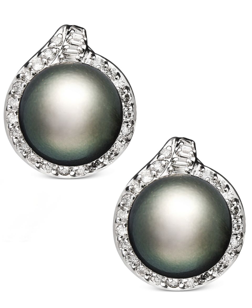 14k White Gold Necklace, Cultured Tahitian Pearl (12 13mm) and Diamond