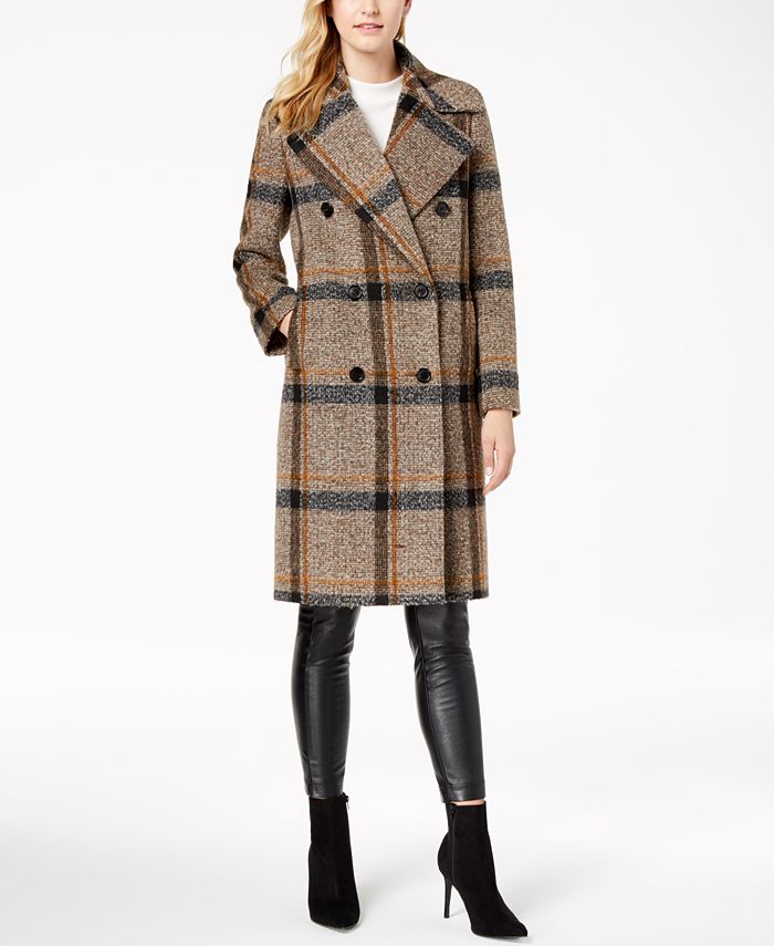 Kendall + Kylie Double-Breasted Plaid Walker Coat & Reviews - Coats ...