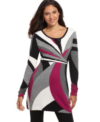 Alfani New Multi Color Colorblock Scoop Neck Tunic Sweater Petites PM 