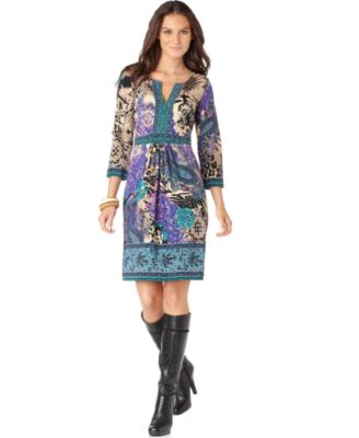 ECI New Multi Color Printed Three Quarter Sleeves Pull on Casual Dress