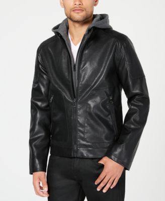 guess leather jacket with hood mens