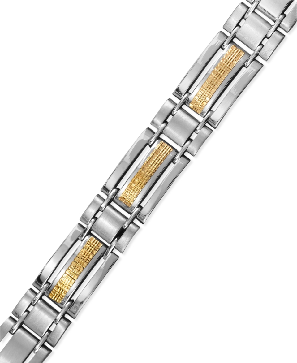 Mens Stainless Steel and 14k Gold Bracelet, Mesh Inlay Bracelet