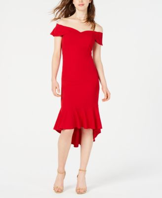 macy's off the shoulder red dress