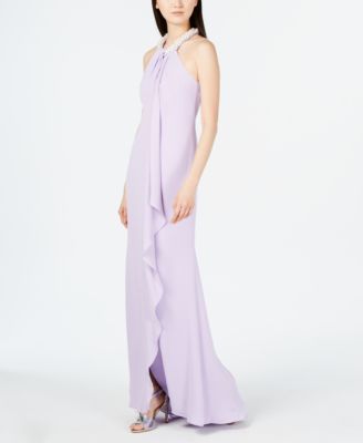 calvin klein pearl neck ruffle draped evening gown