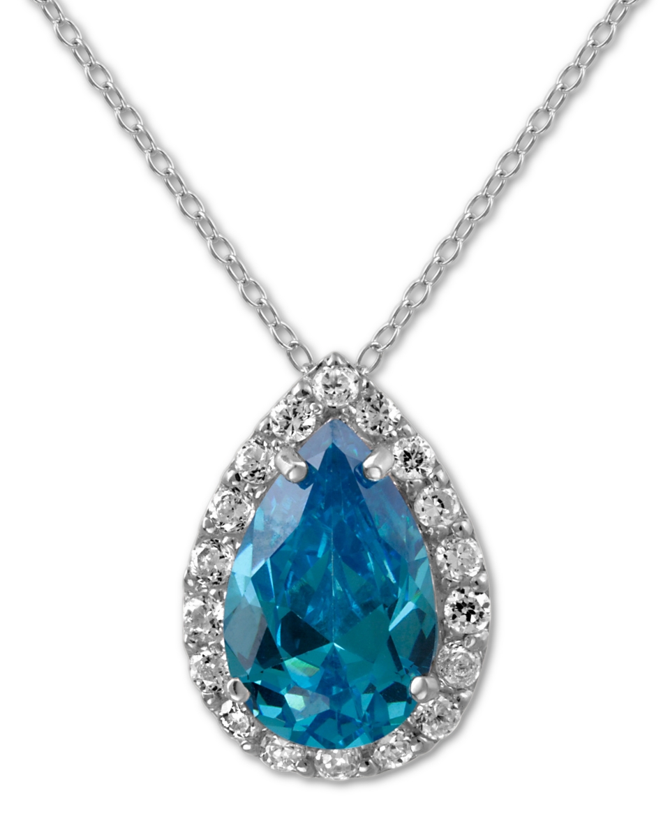 Brilliant Sterling Silver Necklace, London Blue Cubic Zirconia Pear