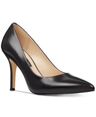 black leather pointed toe heels