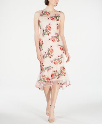 calvin klein floral embroidered trumpet midi dress