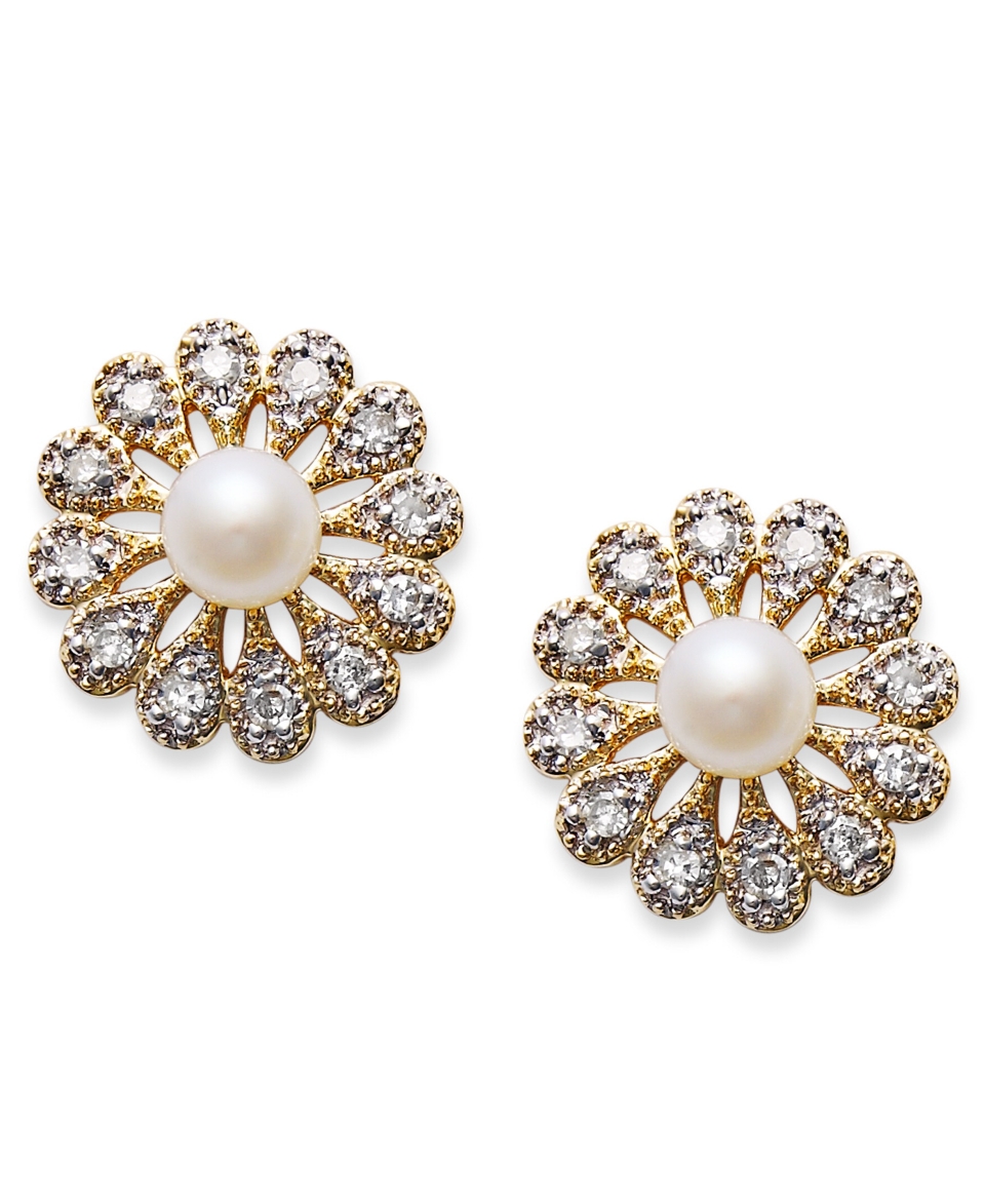 Pearl (3 3 1/2mm) and Diamond (1/10 ct. t.w.) Sunburst Stud Earrings