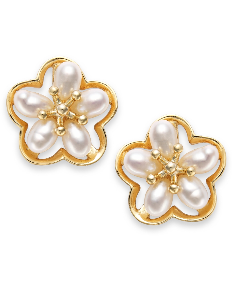 Pearl Earrings, 14k Gold Cultured Freshwater Pearl Flower Stud