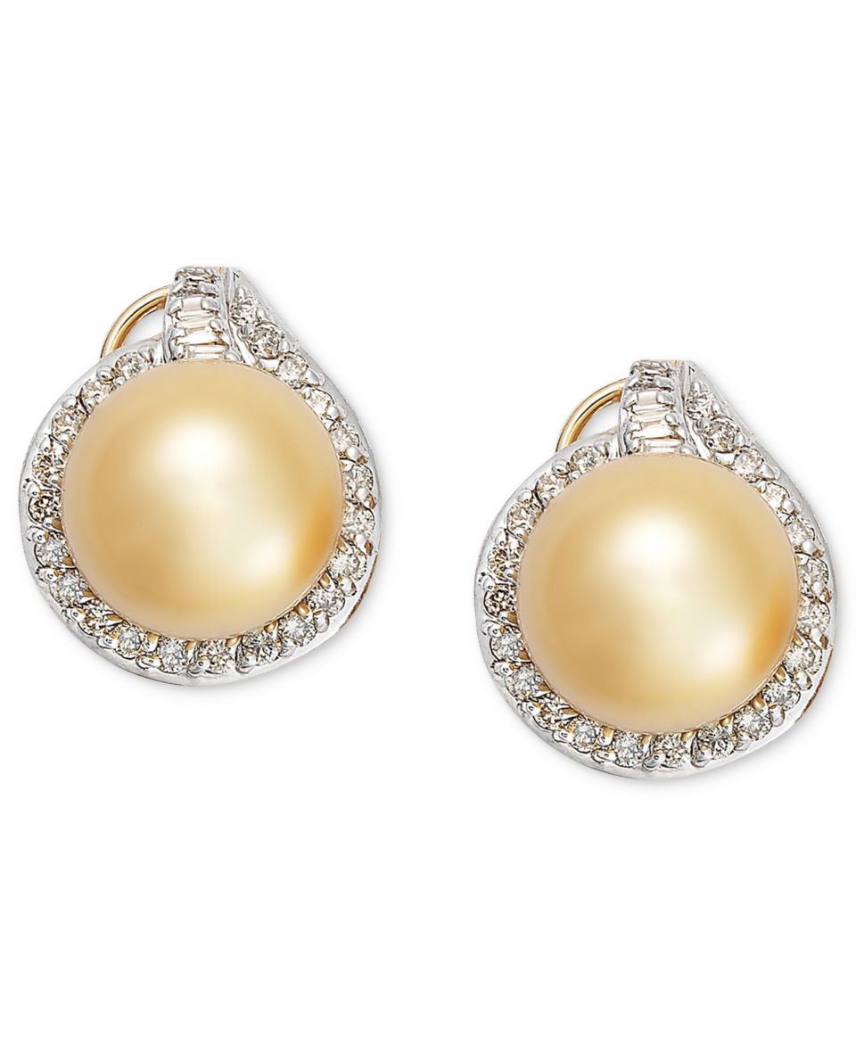 Pearl Earrings, 14k Gold Golden South Sea Pearl (11 12mm) and Diamond