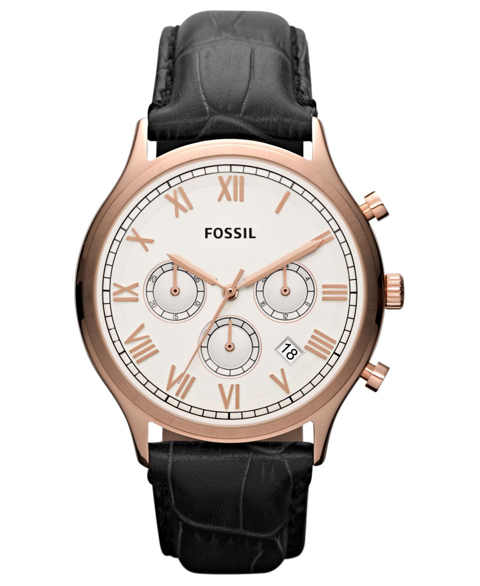 Fossil Mens Chronograph Ansel Black Embossed Leather Strap Watch 41mm