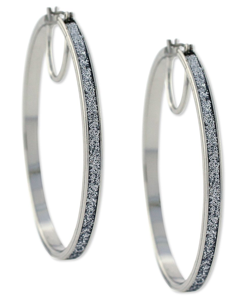 Jessica Simpson Earrings, Silver Tone Silver Glitter Hoop Earrings