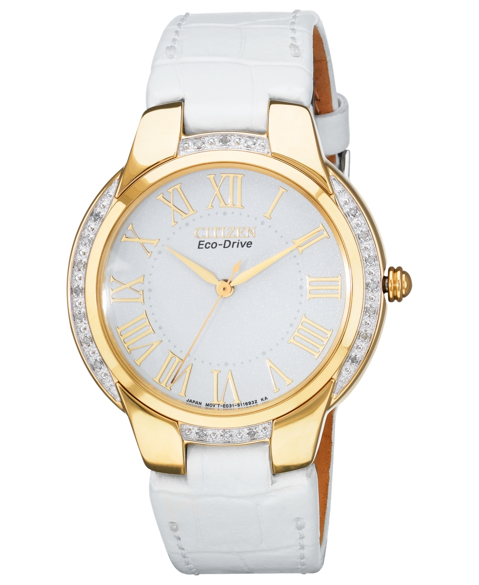 Citizen Watch, Womens Ciena Diamond Accent White Leather Strap 35mm