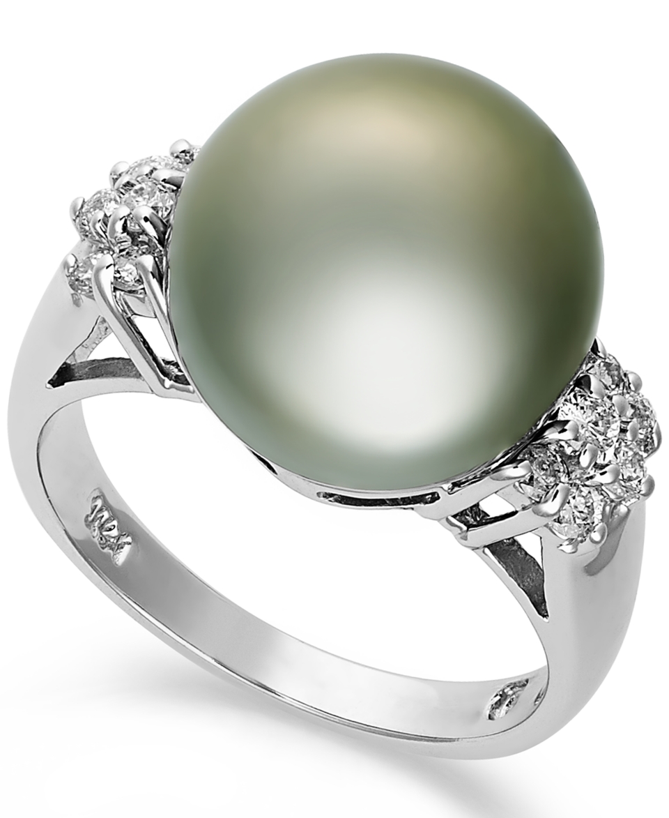 14k White Gold Ring, Tahitian Pearl (12 13mm) and Diamond (1/4 ct. t.w