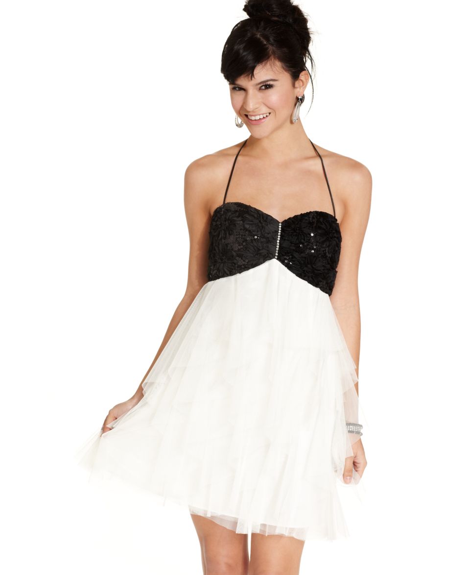 Morgan Juniors Dress, Sleeveless Halter Tiered Tulle