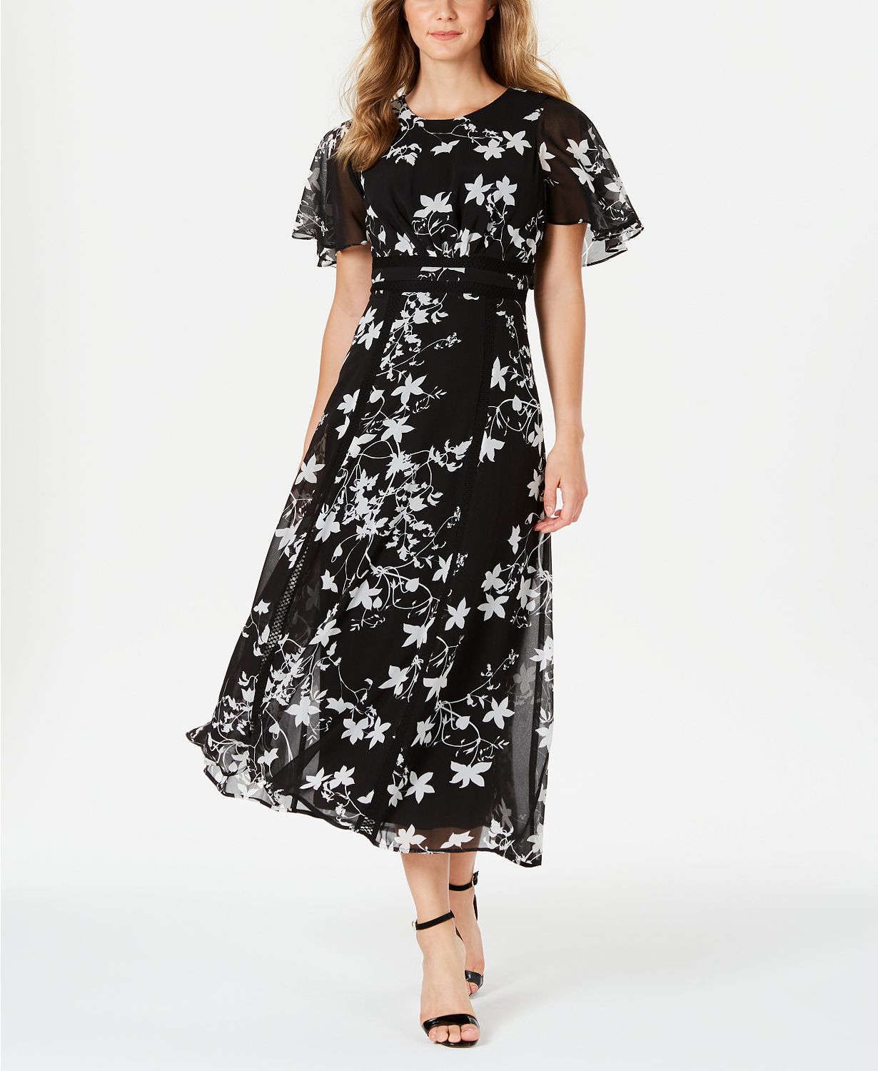 Floral Printed Flutter-Sleeve Maxi Dress