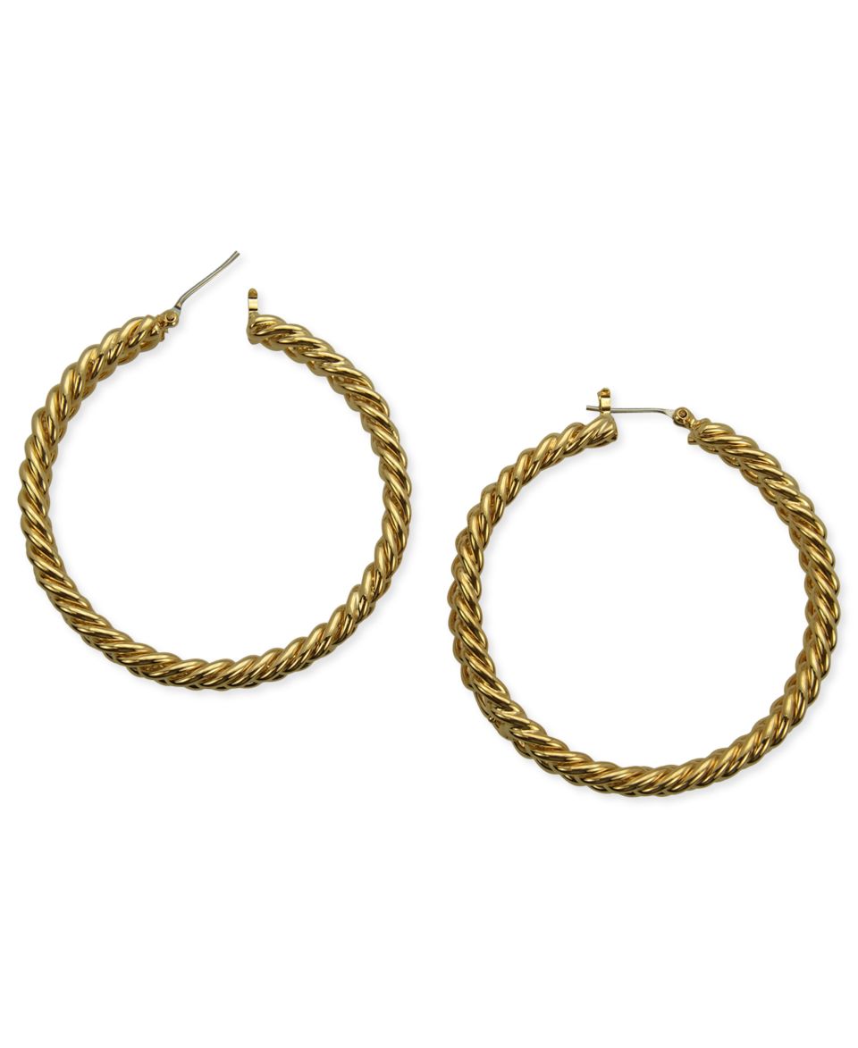 Tahari Earrings, Gold Tone Glass Crystal Black Hoop Earrings