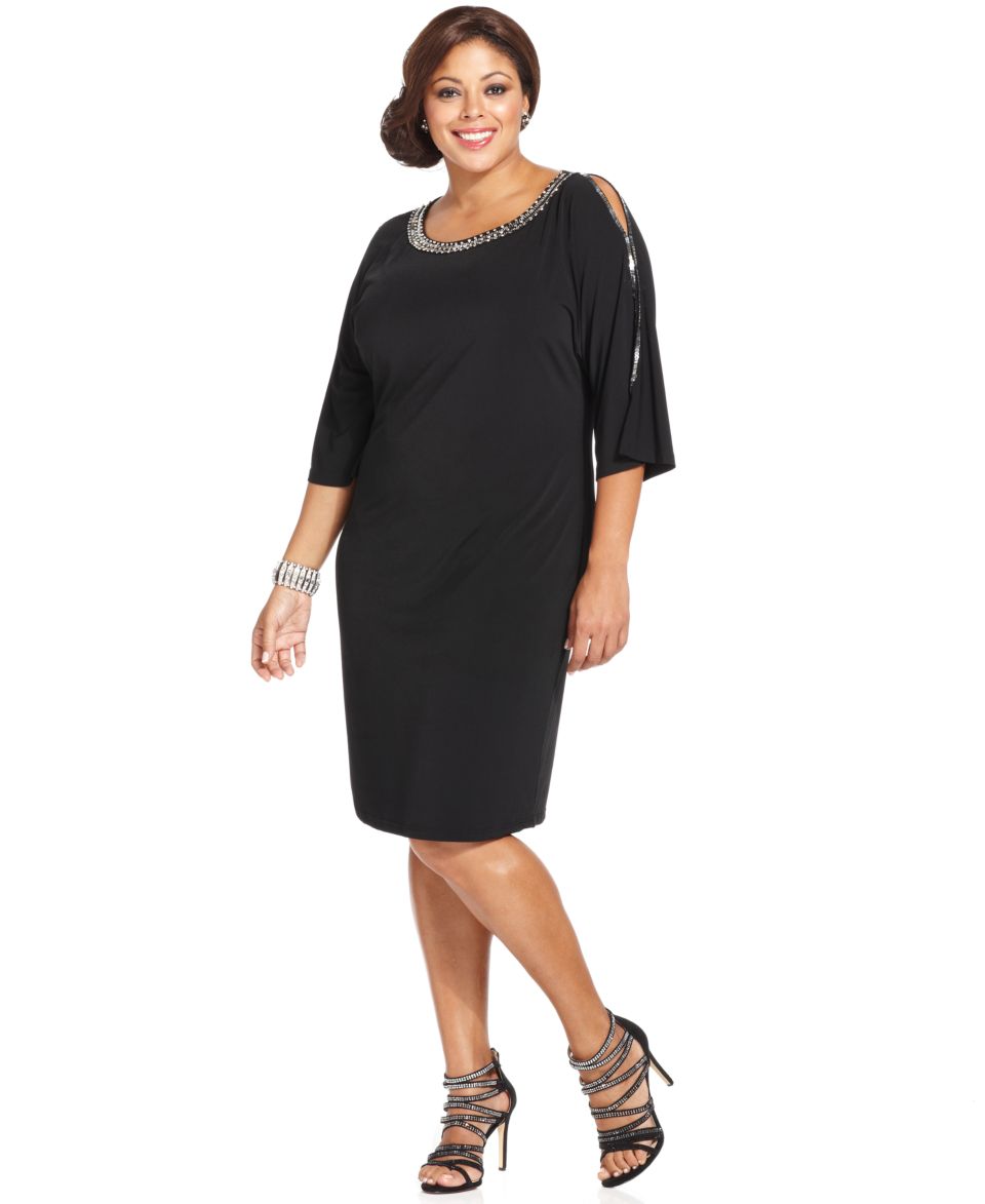 Spense Plus Size Dress, Three Quarter Sleeve Cutout Embellished