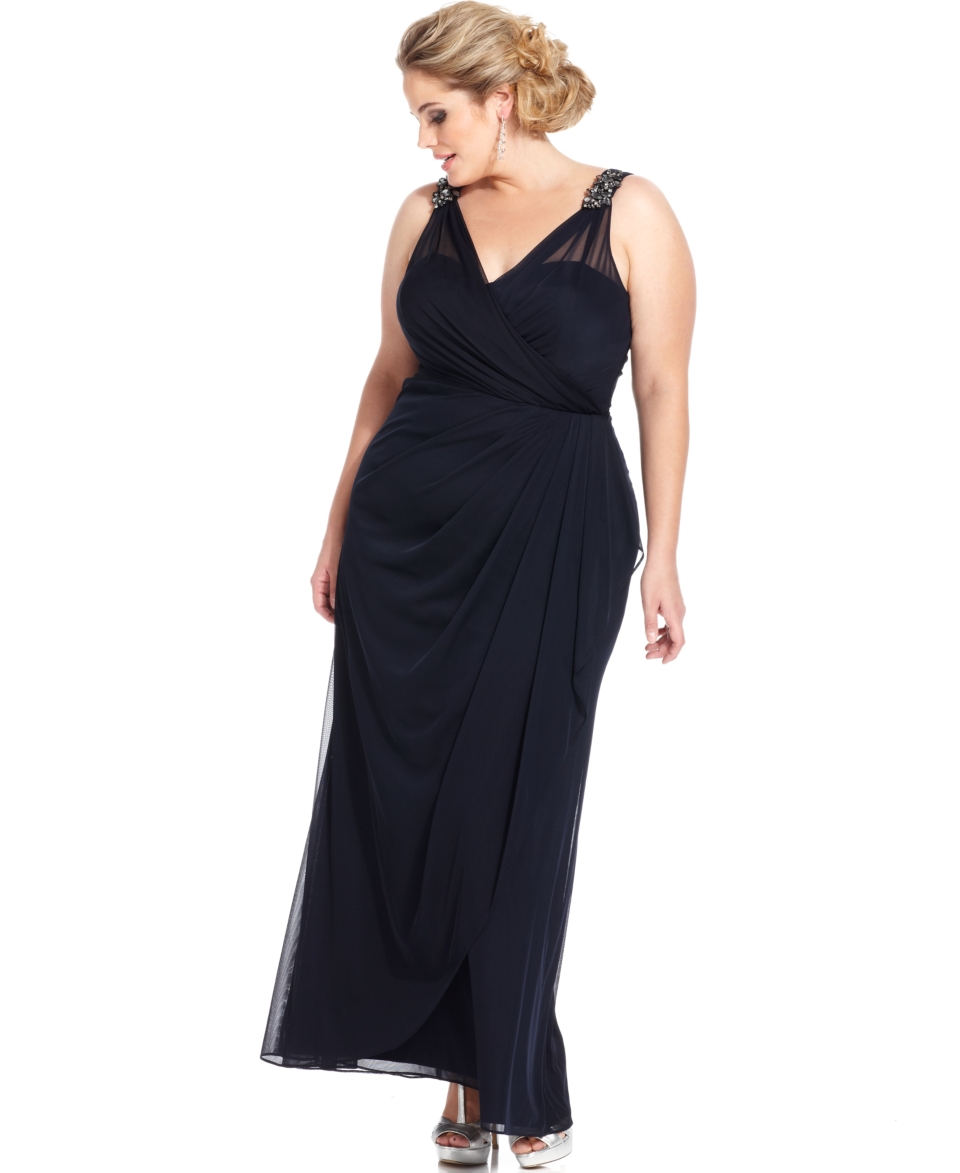 Xscape Plus Size Dress, Sleeveless Beaded Surplice Gown   Plus Size