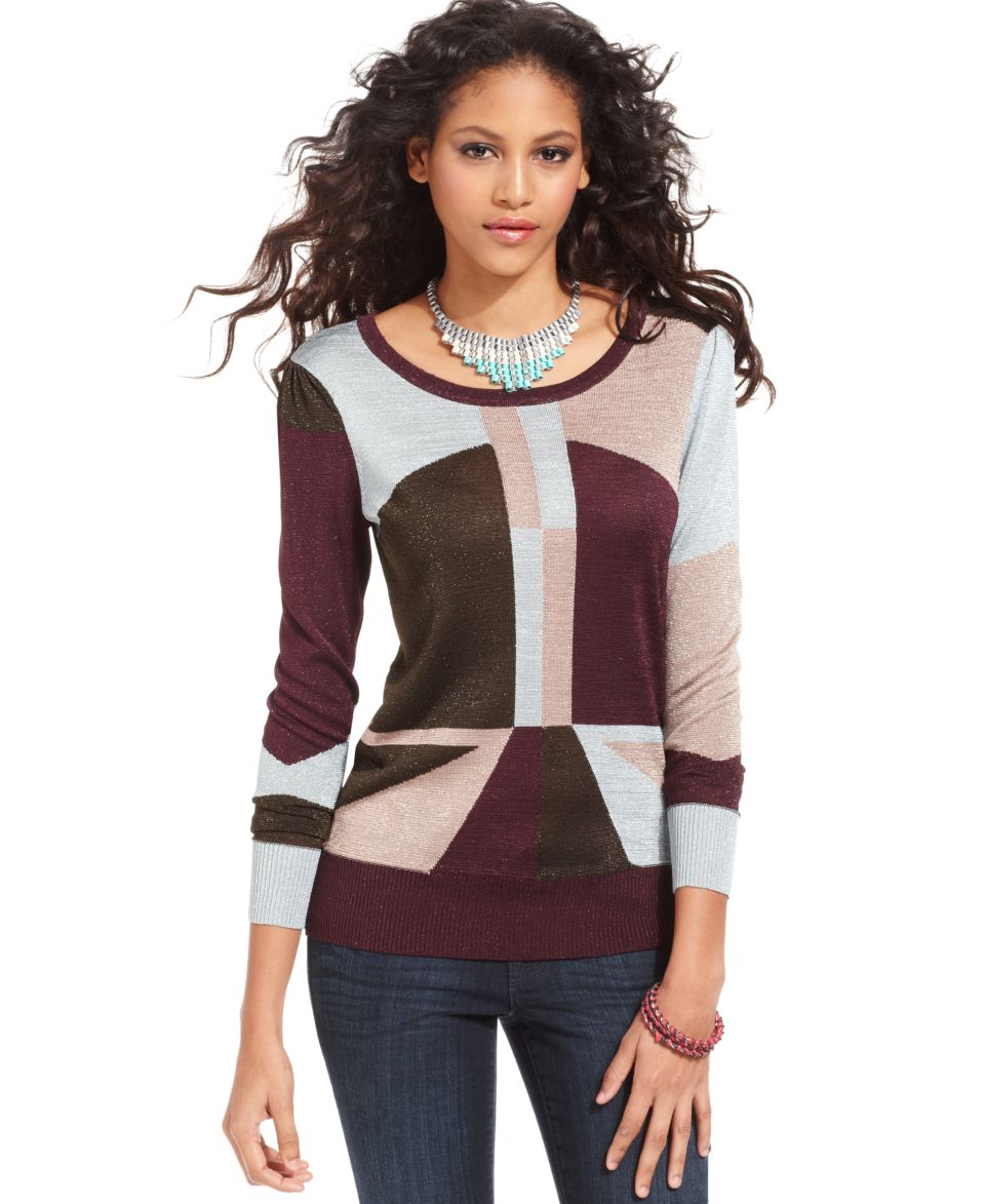 Bar III Sweater, Long Sleeve Scoop Neck Colorblocked   Womens Sweaters