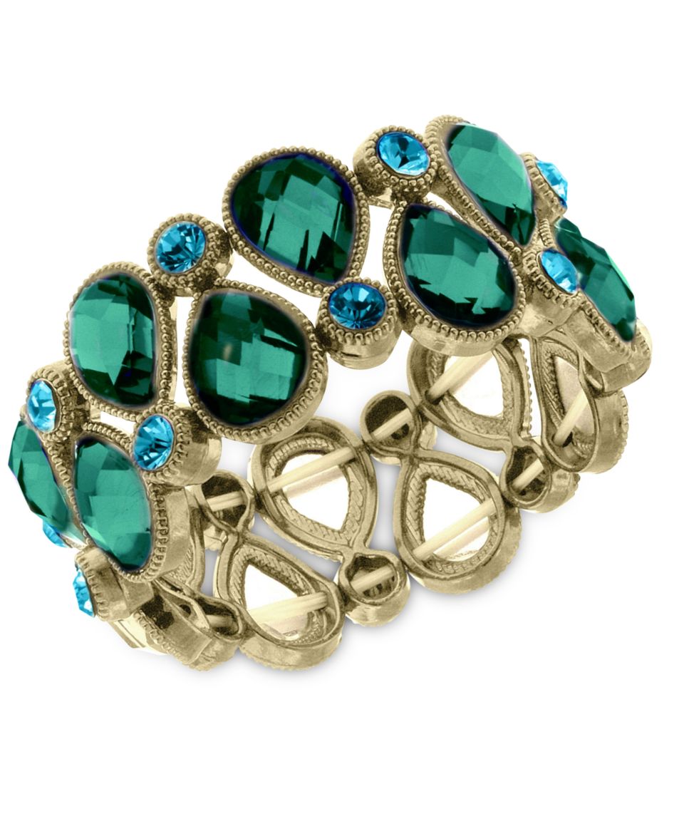 2028 Bracelet, Gold Tone Blue Zircon Green Glass Stretch Bracelet
