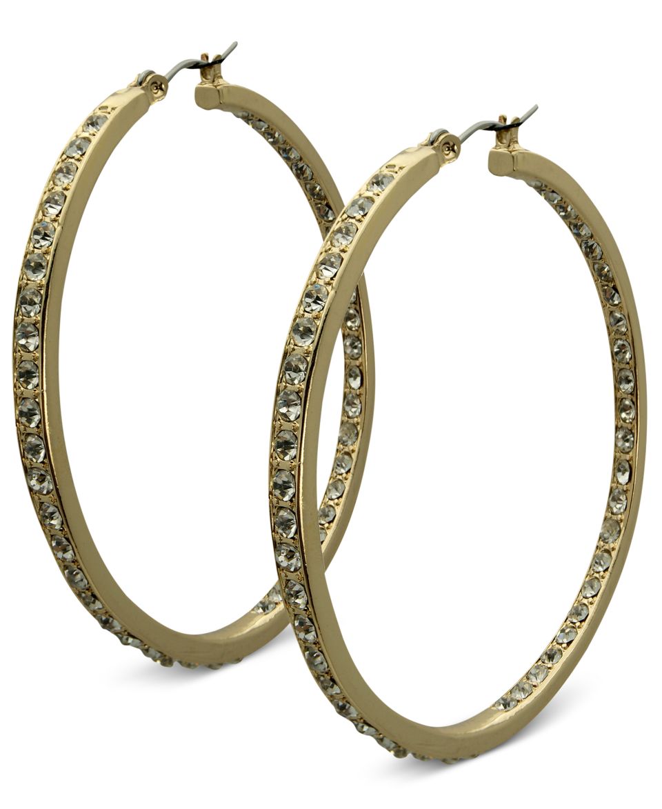 GUESS Earrings, Gold tone Diamond Dust Crystal Clutchless Hoop