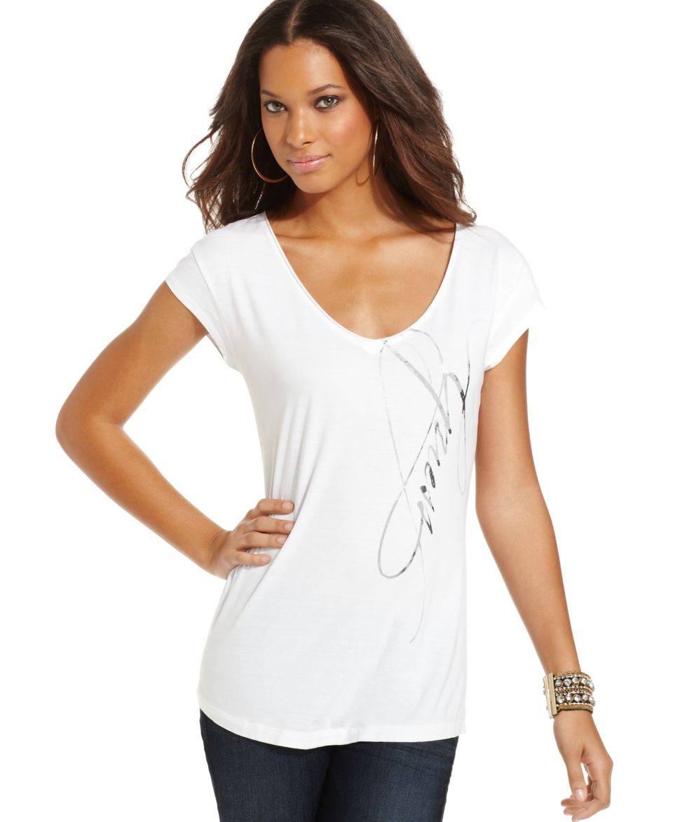 GUESS Top, Short Sleeve V Neck Logo Tee