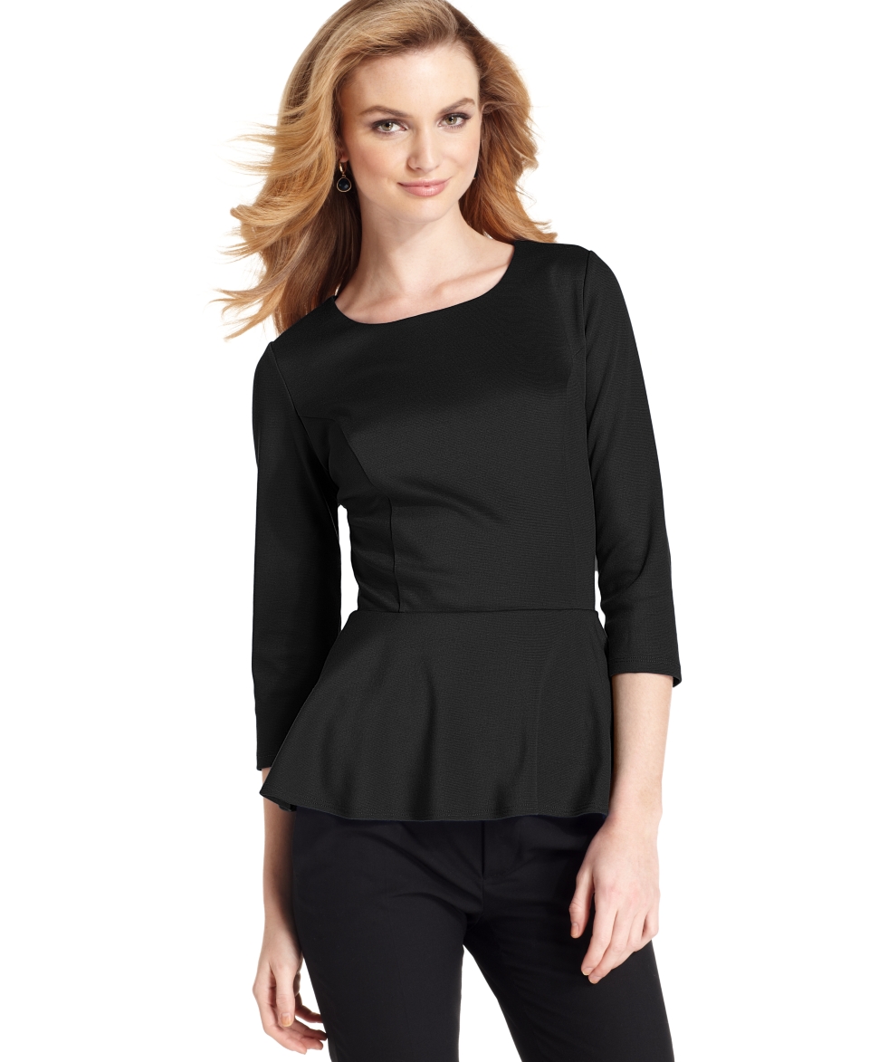 NY Collection Petite Top, Three Quarter Sleeve Ponte Knit Peplum