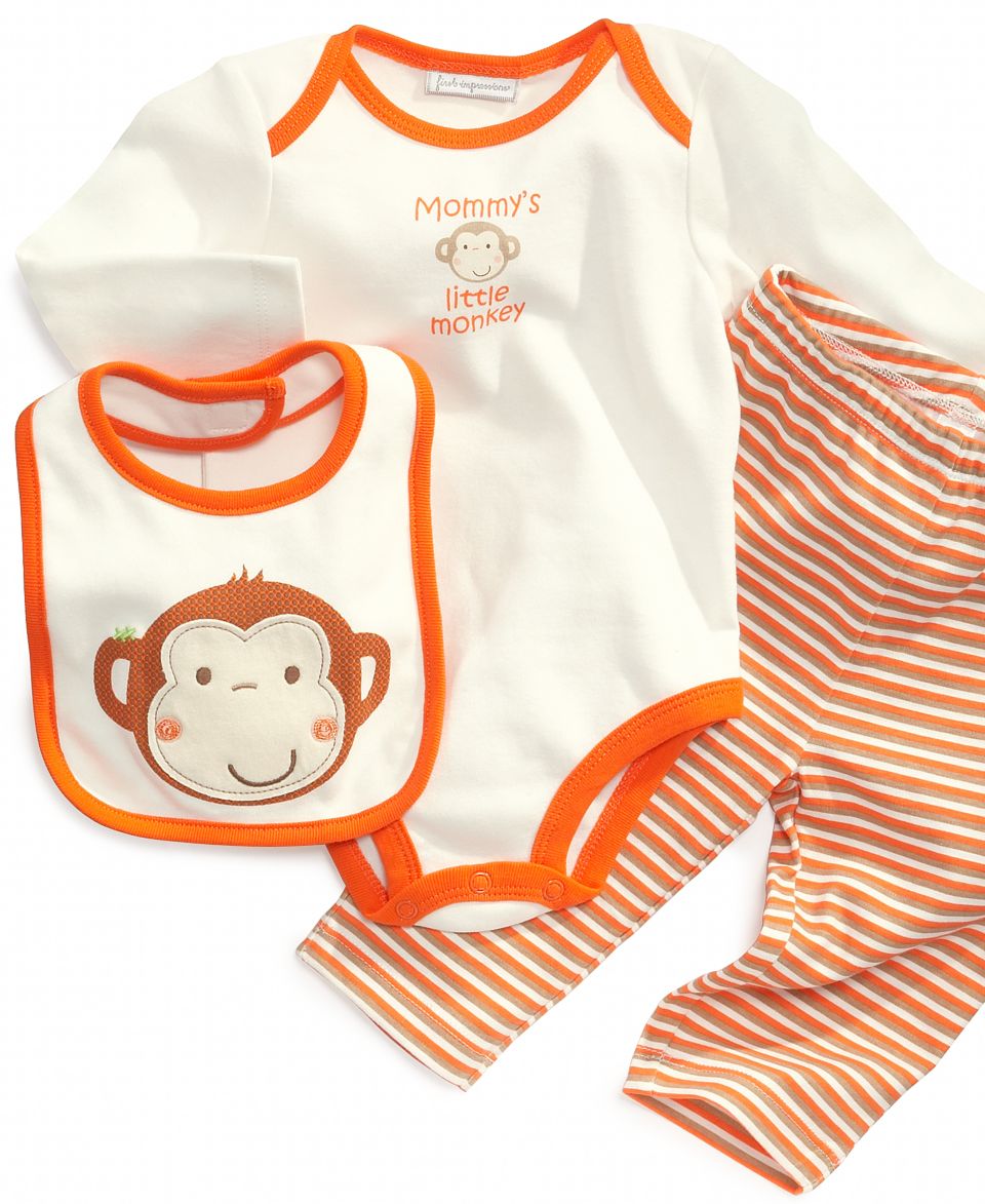 First Impressions Baby Set, Baby Boys 3 Piece Monkey Bib, Bodysuit and