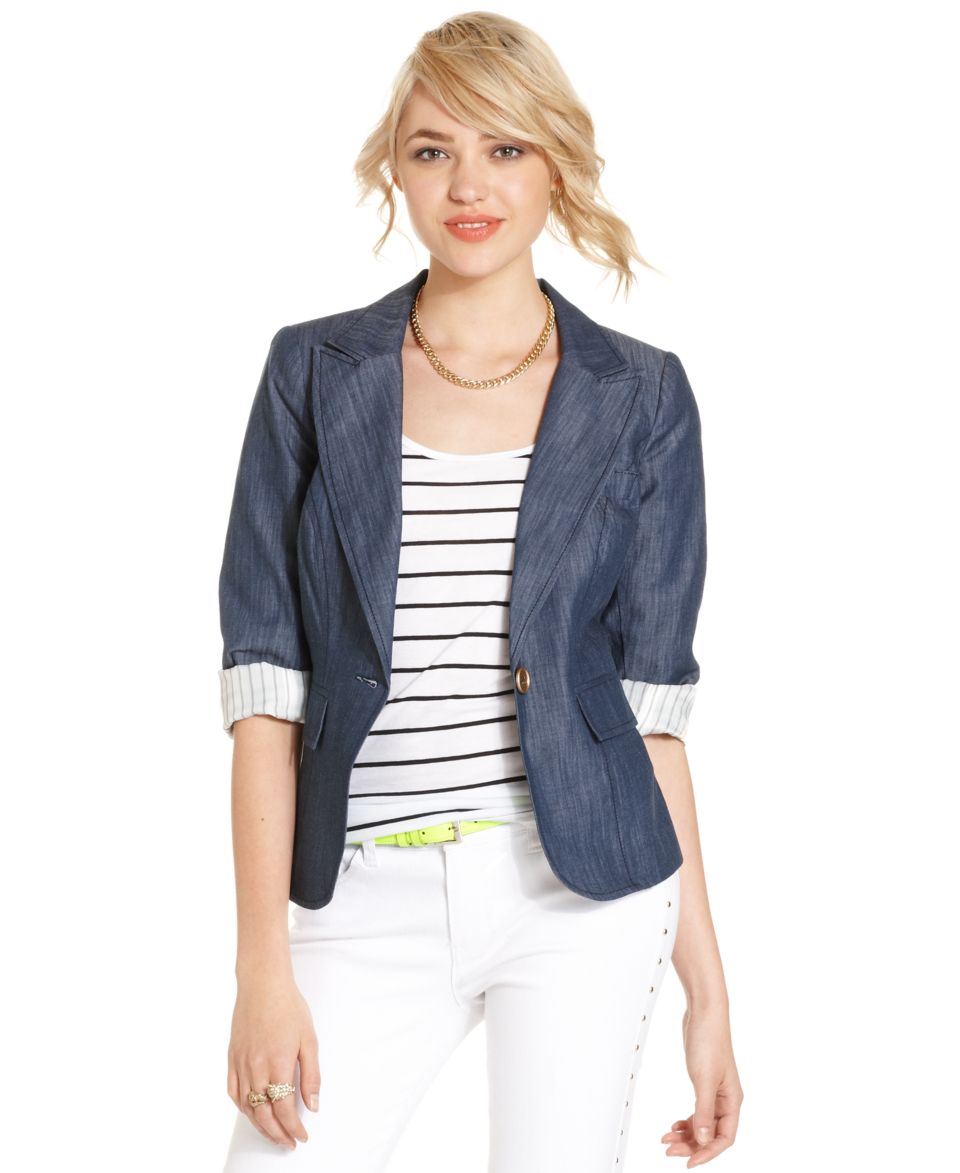 XOXO Denim Blazer & Skinny Studded White Wash Jeans   Juniors